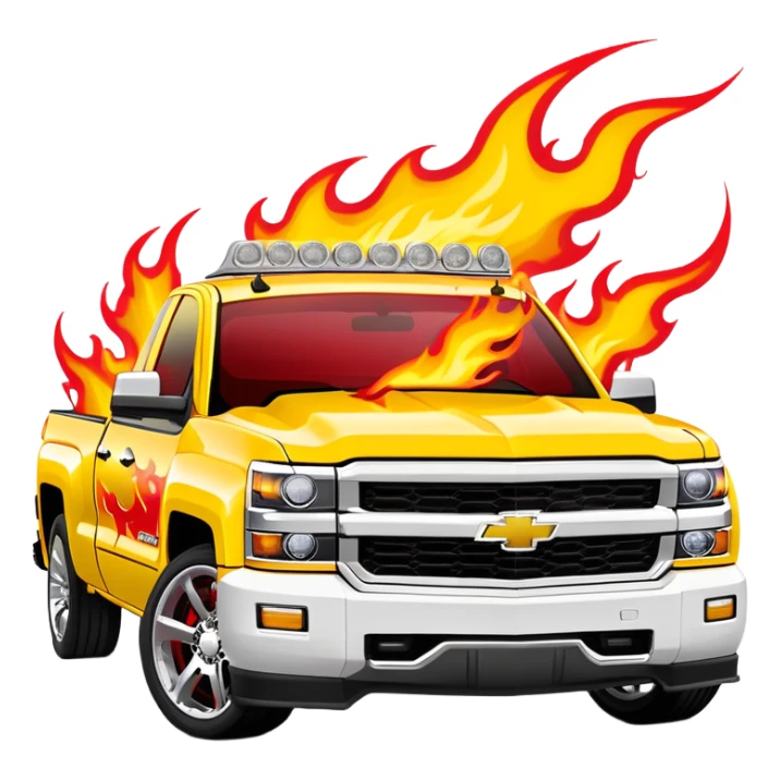 Bright yellow Chevrolet Silverado with bold airbrushed red flame artwork covering entire hood and extending to fenders, authentic Kill Bill custom paint job, 30-degree angle, iOS emoji style sticker