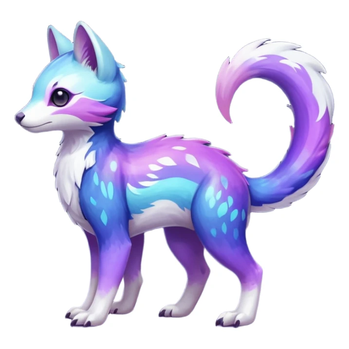  Shiny iridescent glossy oily smooth silky soft White with indigo-Violet-purple-pinkish-gradient markings beautiful handsome gorgeous aesthetic colorful vibrant Vernid-Trico-species-Fakemon-creature by LiLaiRa, 4 legs, 1 tail, random markings, (full body) sticker