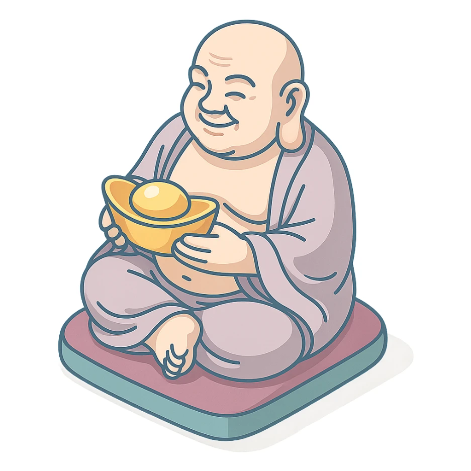 Хоттэй (Будда счастья) сидит на подушке, держит золотой китайский слиток (юаньбао), 2D isometric style, clean lines, sharper angles, high detail, pronounced shadows and highlights, minimalist eastern accent, pastel palette #98B5BC, #B5B3C1, #C9A3C9, #E4C0CA, #F7DCD1, #F7C0AA, transparent background sticker