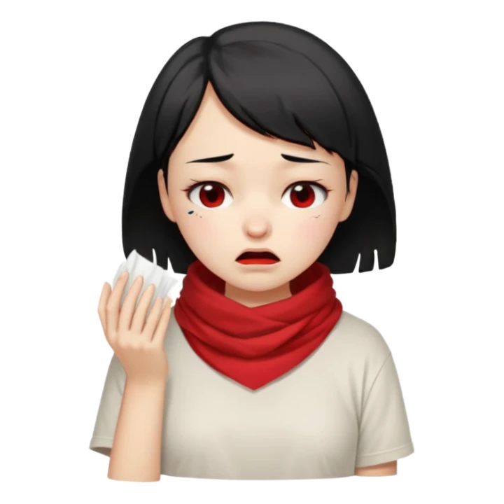 a pretty bratz fair girl crying in a loose oversized off white tshirt and red scarf with short black hair with a tissue box sticker