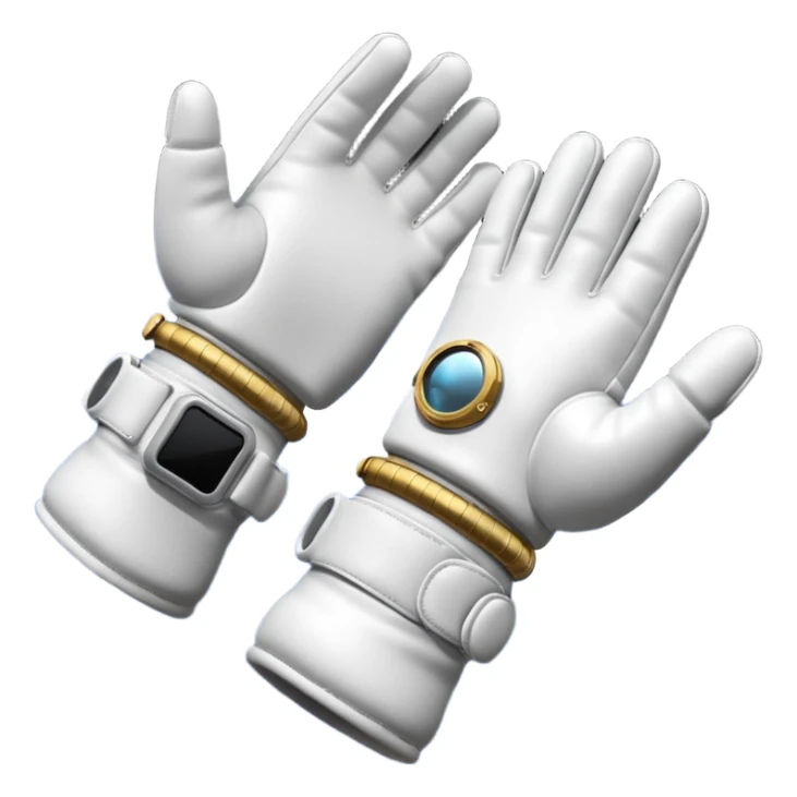 white pressurized astronaut gloves with metal wrist rings floating in space, 3D emoji style sticker