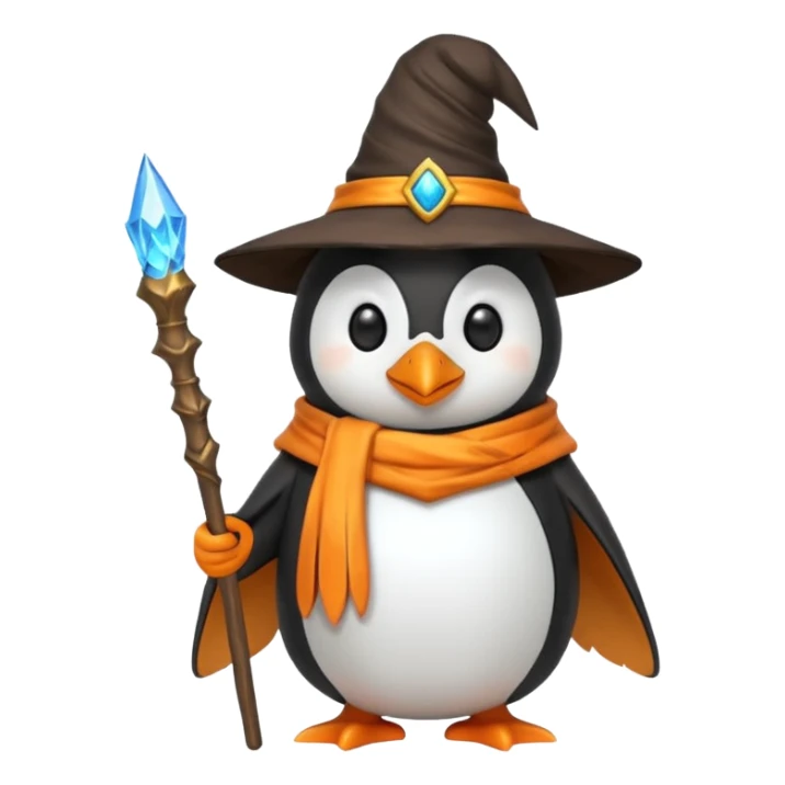 penguin dressed as a wizard, with a pointy hat and a magic staff, emoji style sticker