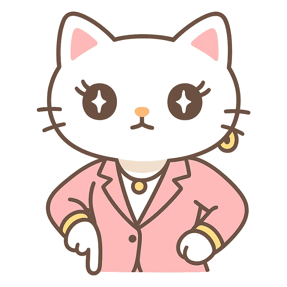 Add hands in the 'periodt' meme pose (one hand on hip, other hand pointing down with attitude), keep the character stylish corporate cat, Hello Kitty inspired, kawaii style. sticker
