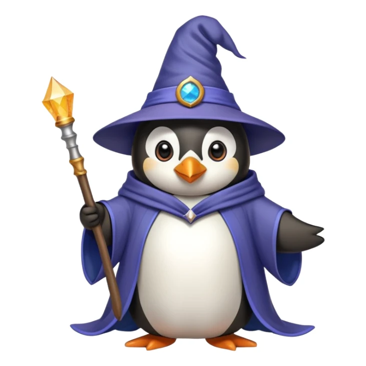 Penguin wearing wizard hat and robe holding a magic wand sticker