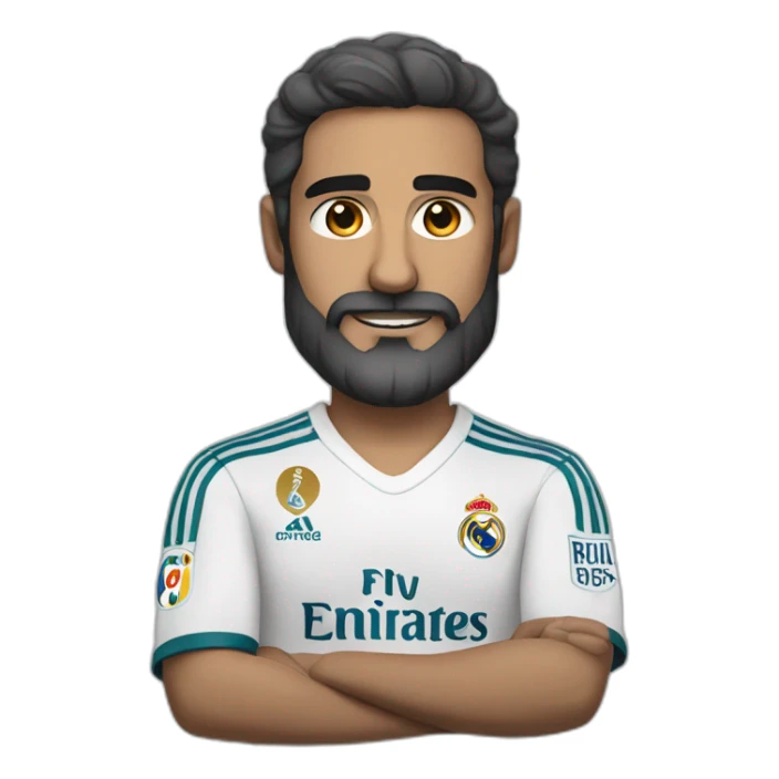dark haired man with grey beard in real madrid jersey standing with arms crossed sticker