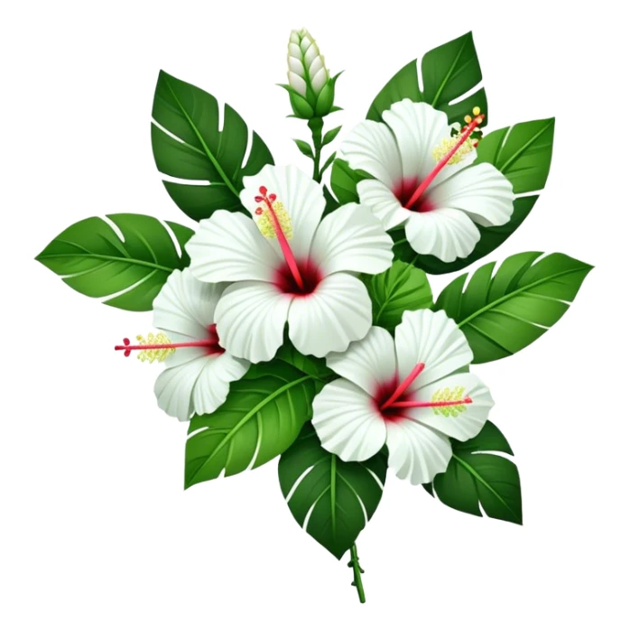 bouquet white Hawaiian hibiscus, luxuriant, stem, leaf, bud sticker