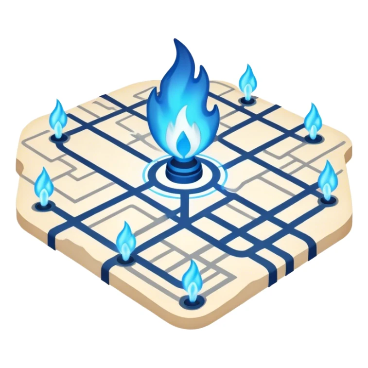 a map with a glowing blue flame on the x and networking paths sticker