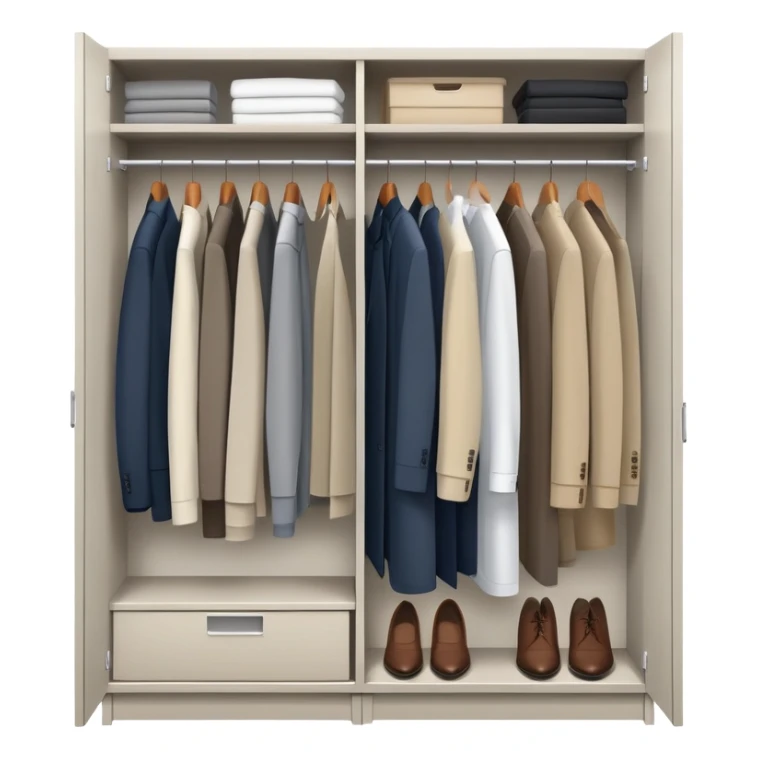 Minimalist wardrobe closet slightly open showing neatly hung professional jackets and shirts inside, organized sticker