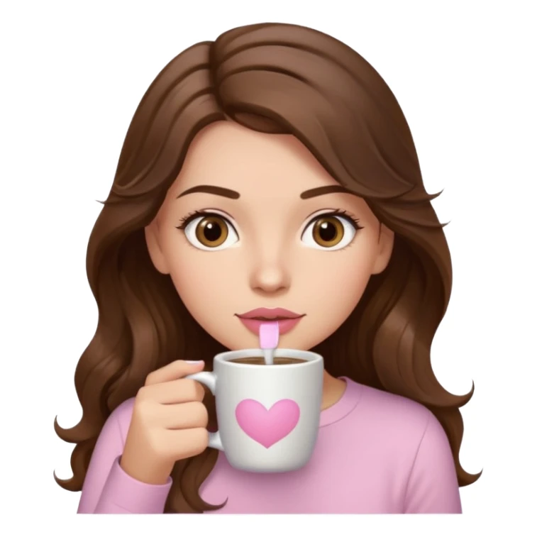 girl with wavy long brown hair, brown eyes, light to medium complexion, long lashes, light pink lipstick, wearing light pink shirt, sipping coffee sticker