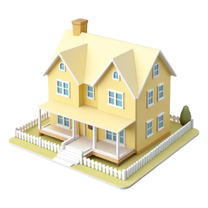 modern farmhouse dollhouse, 3d isometric, pastel yellow and white, realistic sticker