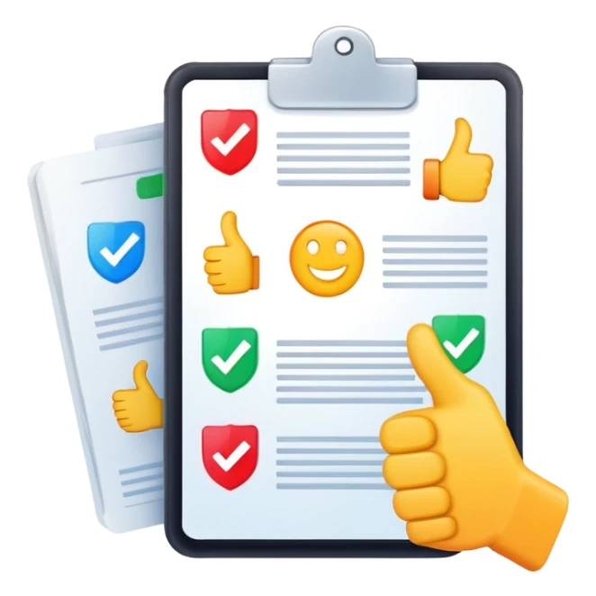 Ads policy document with thumbs up and check marks, showing approval sticker