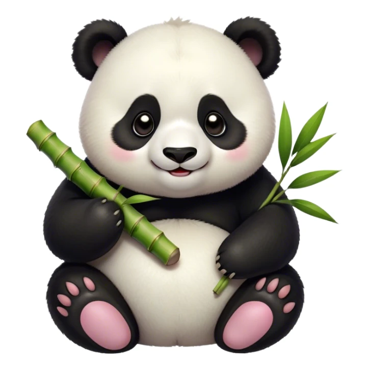 Cinematic smiling chubby panda, fluffy black and white fur, round rosy cheeks, tiny paws holding a bamboo shoot, sparkling eyes full of joy, soft glowing background, irresistibly huggable. sticker