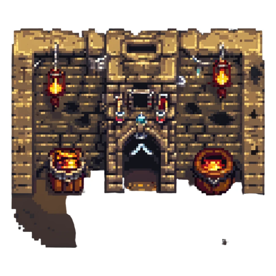 dungeon level with torches and treasure chests in pixel art style sticker