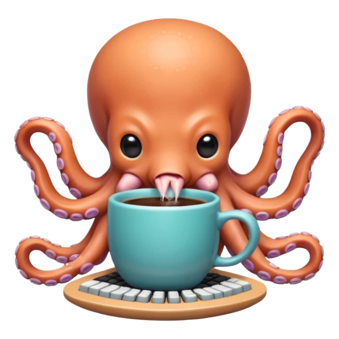 A cute chibi octopus sitting at a tiny desk, typing on a miniature keyboard with all eight arms while sipping coffee from a giant mug. Vibrant pastel colors, rounded edges, extremely expressive, sticker-style, transparent background. sticker