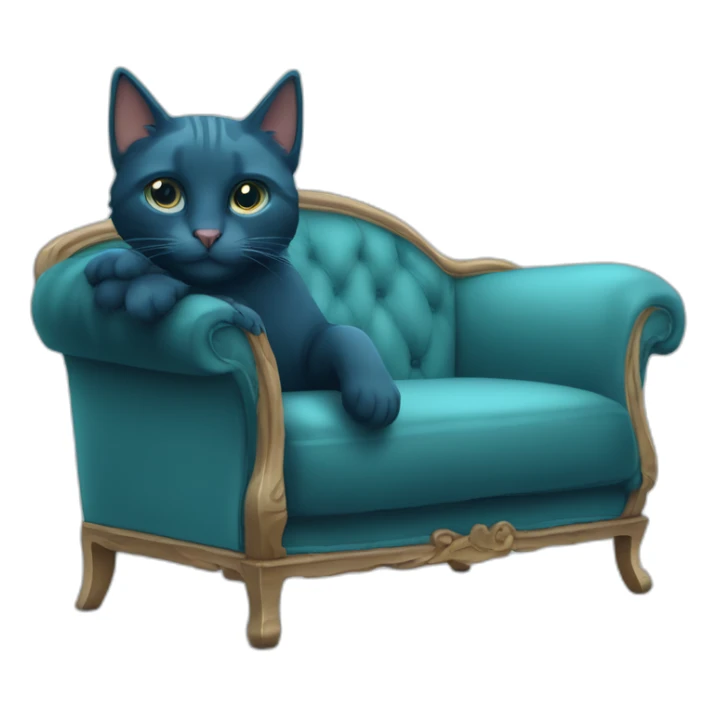 dunkelblaue Katze mit türkiser Wollmütze auf einem beigen Sofa sticker