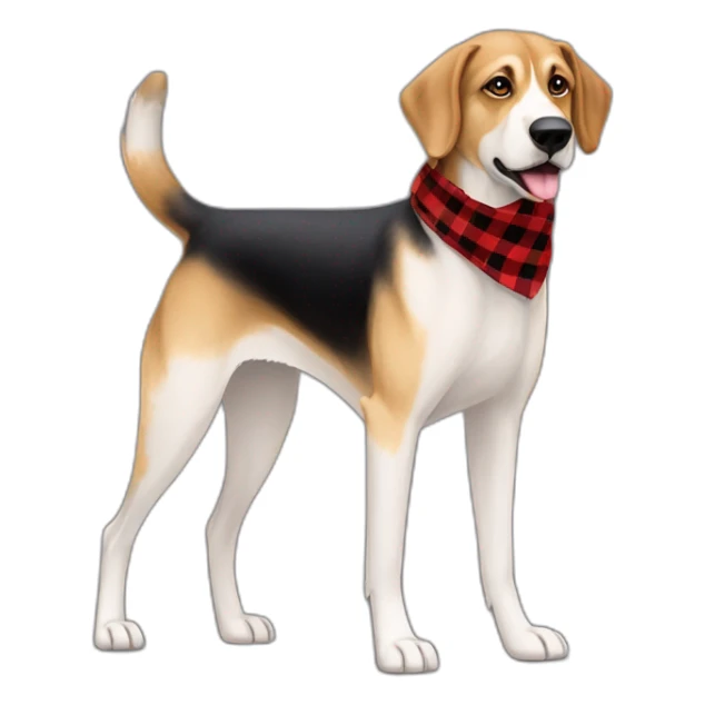 adult 75% Coonhound 25% German Shepherd mix dog with visible tail wearing small pointed red buffalo plaid bandana full body walking left quickly sticker