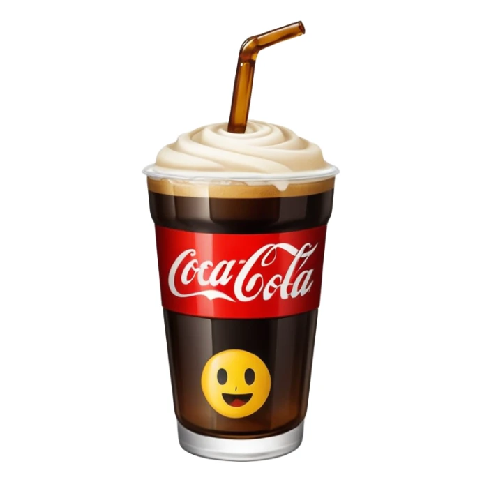 plastic cup made from a cut Coca-Cola bottle, with fernet and cocacola, black drink and blonde foam, emoji style sticker