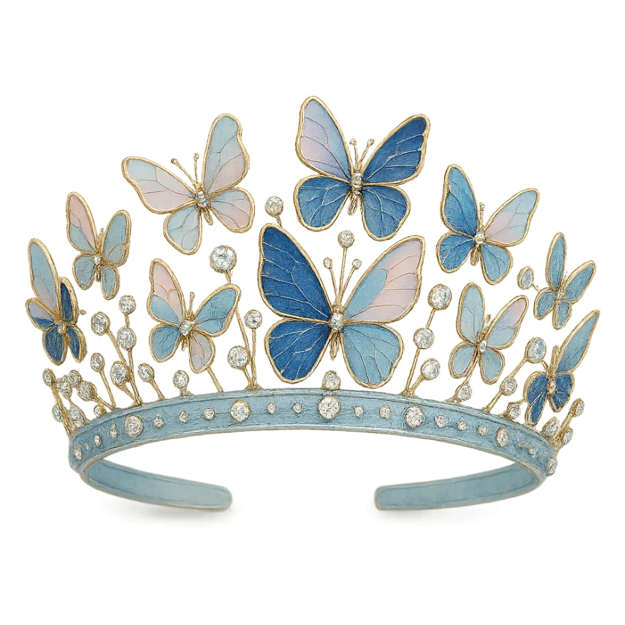 butterfly crown with a baby blue base, butterflies in pastel and deep blue enamel, sparkling gems sticker