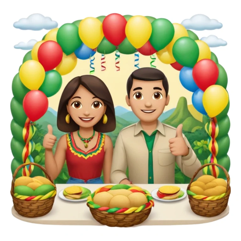 party table decorated with green red and  yellow colors, including a backdrops, balloons arch, streamers and more. On the table are intricate displays of colombian arepas, and baskets of money. In the forefront is a woman and man in simple clothing, big smiles and big thumbs up sticker