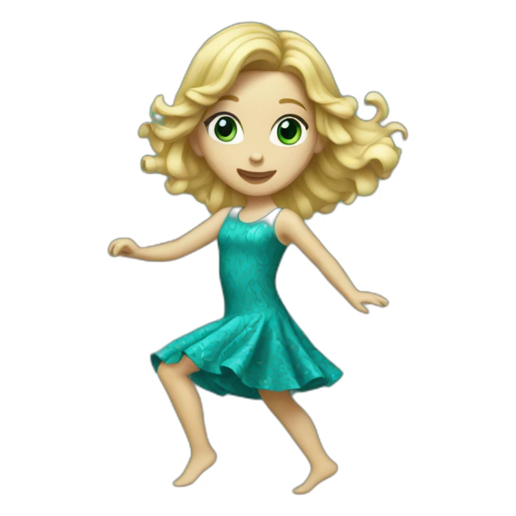 slim blonde wavy long hair girl dancing in teal pattern dress sticker