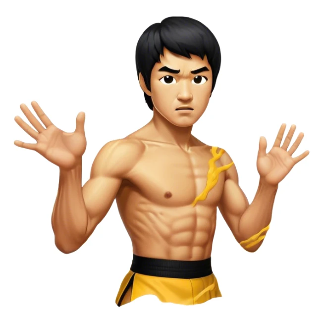 Cinematic Realistic Bruce Lee Portrait Emoji, depicted as a dynamic martial arts icon with an intense gaze and athletic physique caught in a fluid motion, rendered with vivid textures and energetic lighting that embodies his legendary prowess. sticker