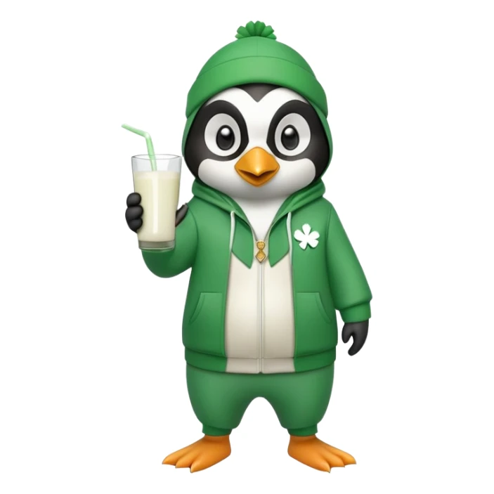 full body friendly anthropomorphised penguin wearing green mafia-style tracksuit, angry confident scheming stance, holding glass of milk, shamrock accessory sticker