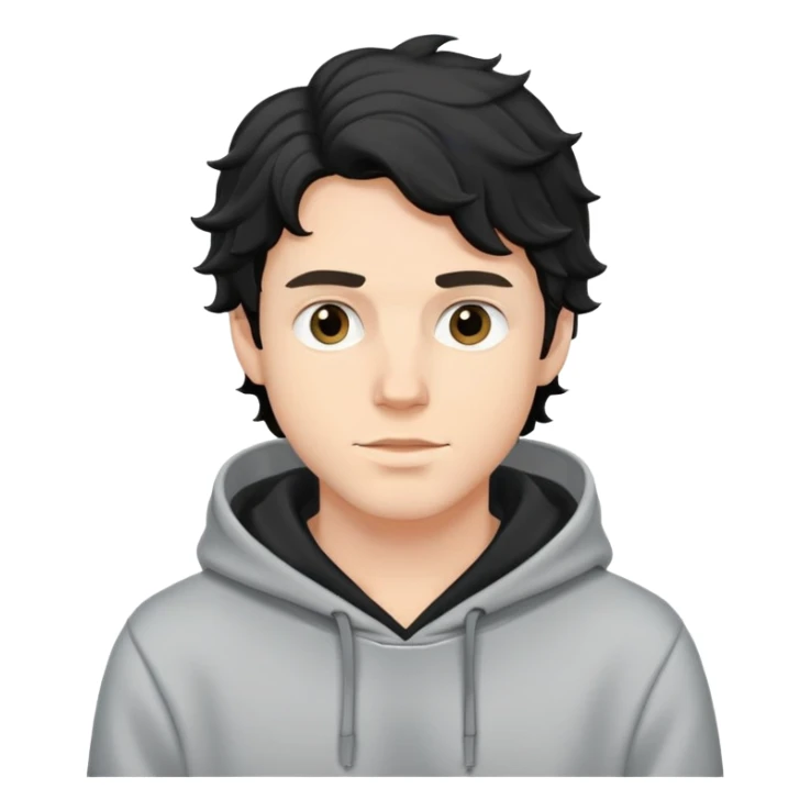 young white guy in a hoodie with black wavy hair sticker