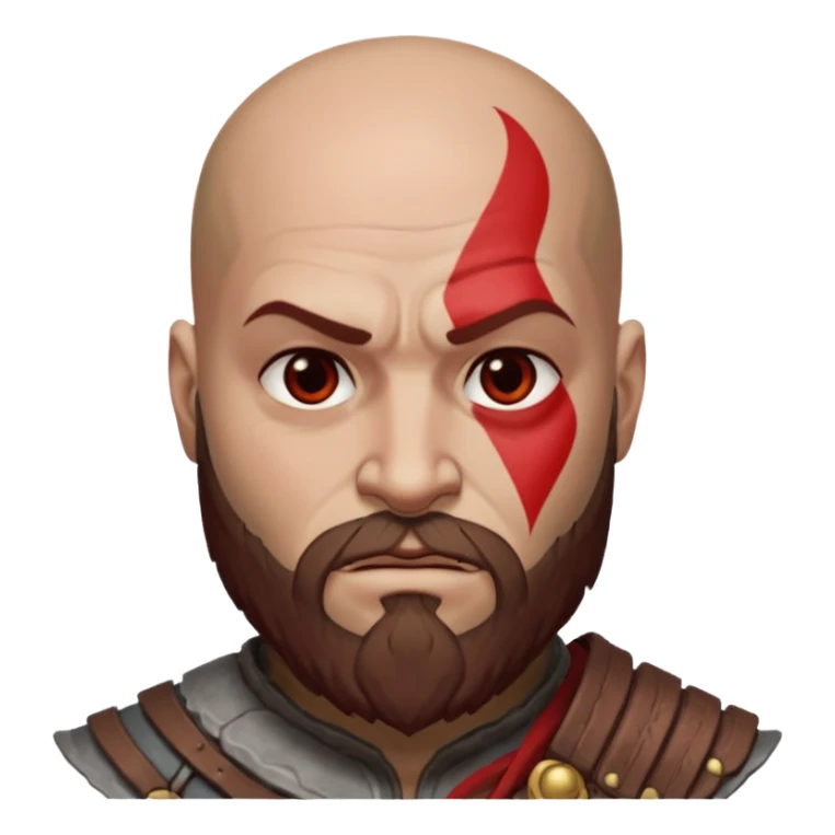 Kratos from God of War as an Android-style emoji, featuring his bald head, red tattoo, beard, and stern expression, simplified and iconic, with a flat, minimal look and Android emoji color palette sticker