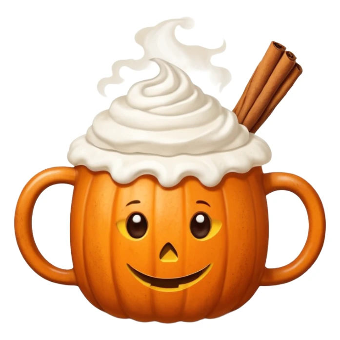 Steaming coffee Mug with whipped Cream and cinnamon Dust on Cream.  Small Punkin and 3 sticks of cinnamon next to mug sticker