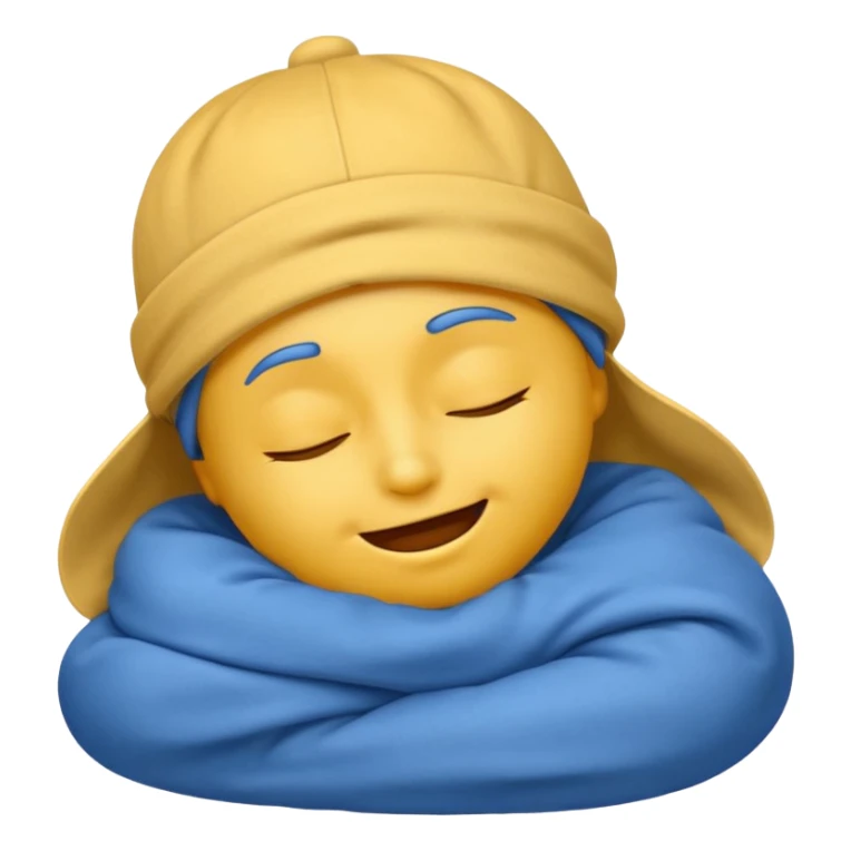 yellow face emoji, small smile, eyes closed, sleeping, blue sleep cap, classic emoji style sticker