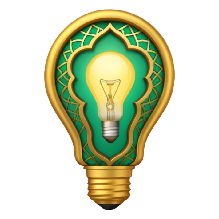 3D emoji, light bulb with Moroccan arabesque pattern inside, golden frame, glowing light, emerald green and gold colors, minimalist, white background. sticker