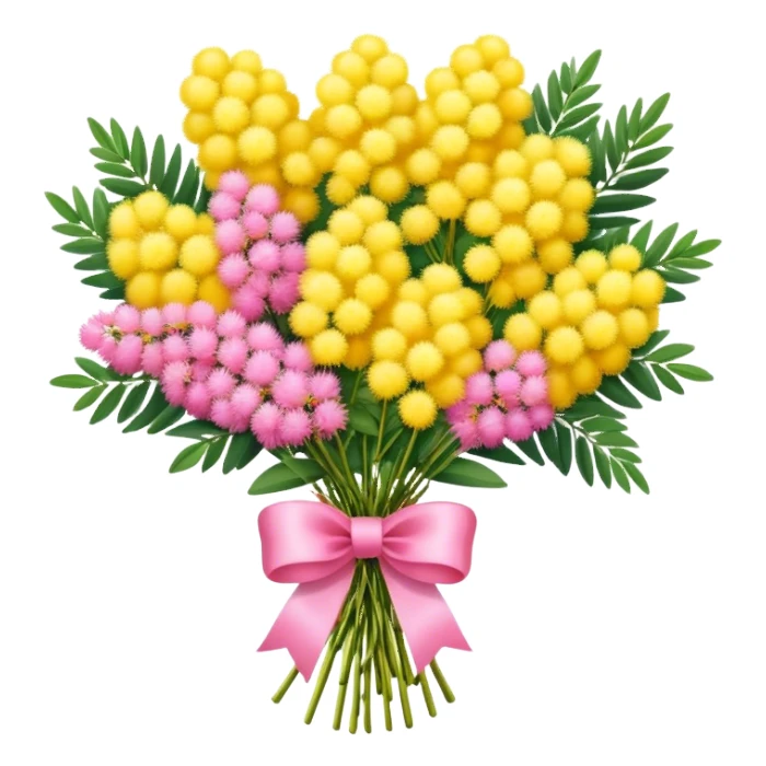 A bouquet of mimosa flowers wrapped with a pink ribbon sticker