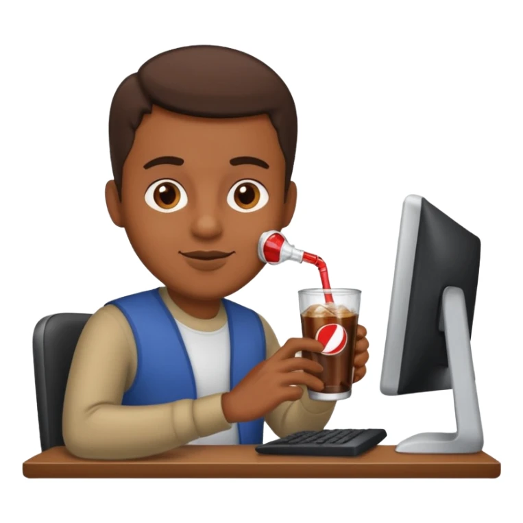 Hombre tomando un refresco frente a un ordenador sticker