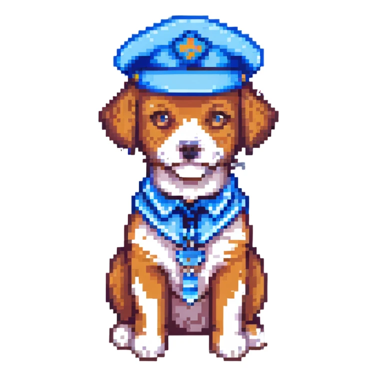 pixel art dog wearing a blue police cap sticker