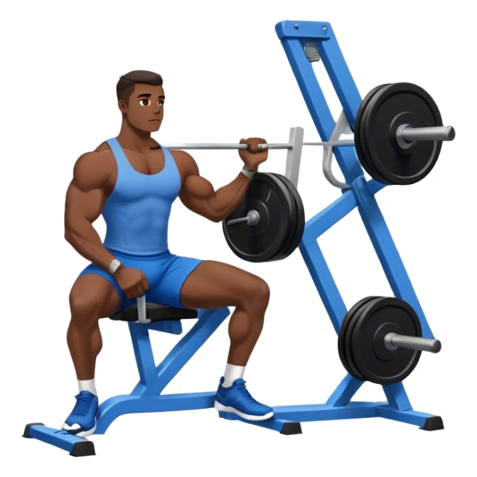 side-view bodybuilder in blue shorts seated weighted calf-raise machine on his tip toes sticker