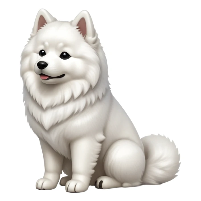 cinematic-[samoyed]-realistic-full-body-sitting-emoji,-tail-resting-loosely-beside-its-paws,-head-tilted-dramatically, -fluffy-[white]-fur,-simplified-yet-realistic-focused-features,-highly-detailed,-glowing-with-an-almost-sarcastic-glow sticker