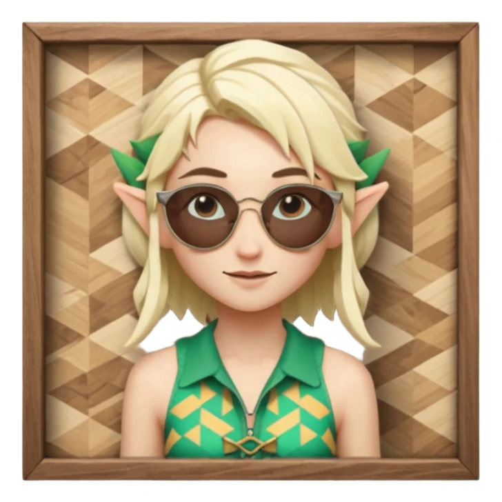 elf female legolas portrait, patterned board shorts (geometric/abstract), unique wooden-framed sunglasses, undercut hairstyle, slight smirk, visible pointy ears, no background, centered emoji, hipster summer vibe coctails sticker