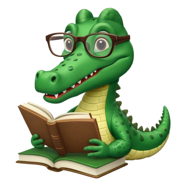 A claymation alligator with a book and glasses. The background is a solid white circle sticker