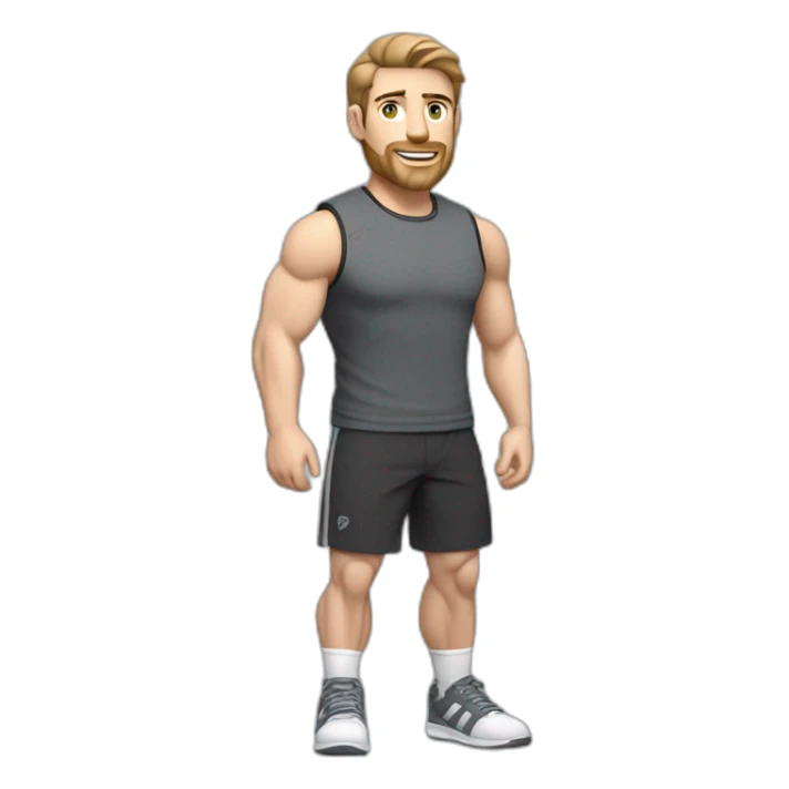 Full height Pale skinned muscular man With Realistic eyes and mouth, light brown hair and stubble In dark gray sleeveless mike, black oversize sports shorts, watch and white sneakers. sticker