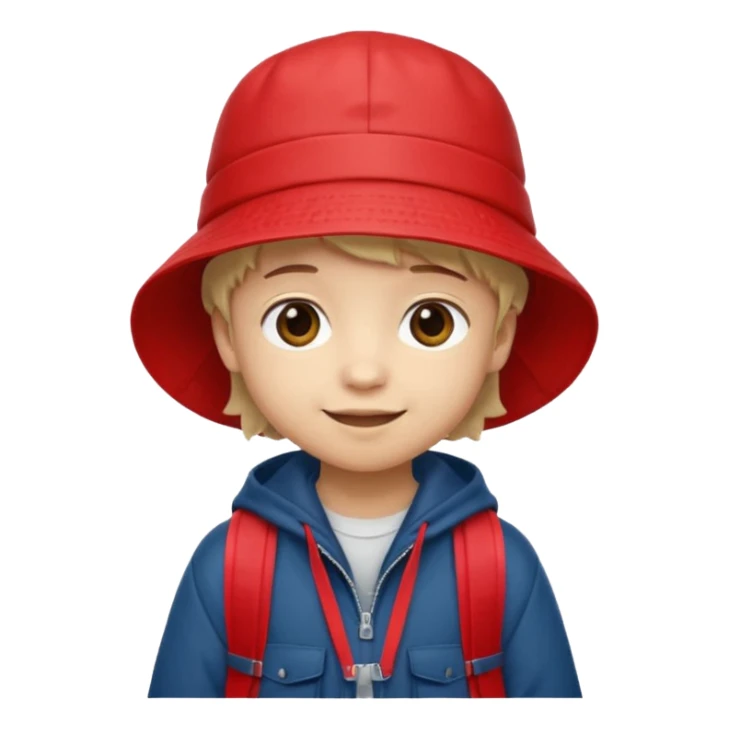 Little student wears red bucket hat and jacket, backpack, shy sticker