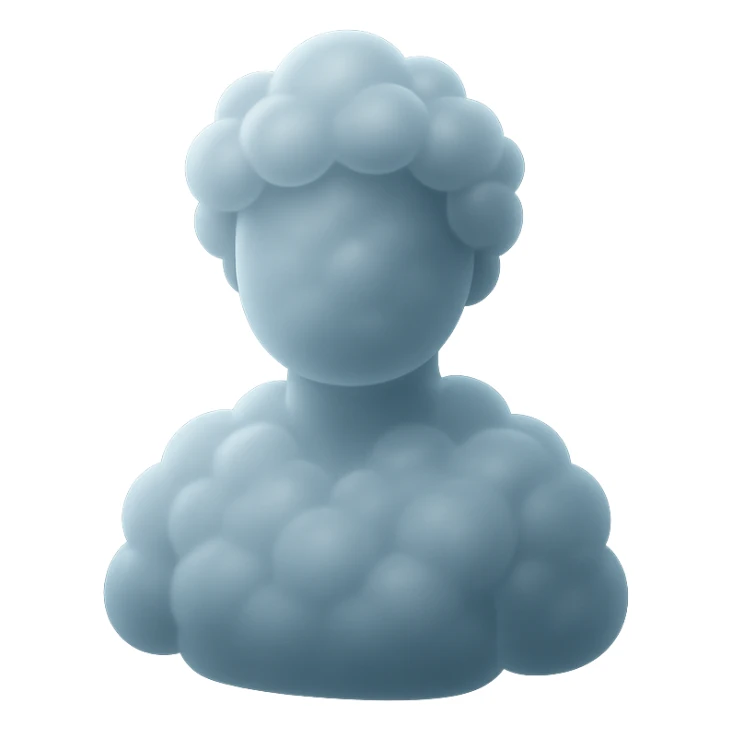 person made entirely of white fluffy convex clouds with slight transparency, shoulder up, front view, matte glass style, no background sticker