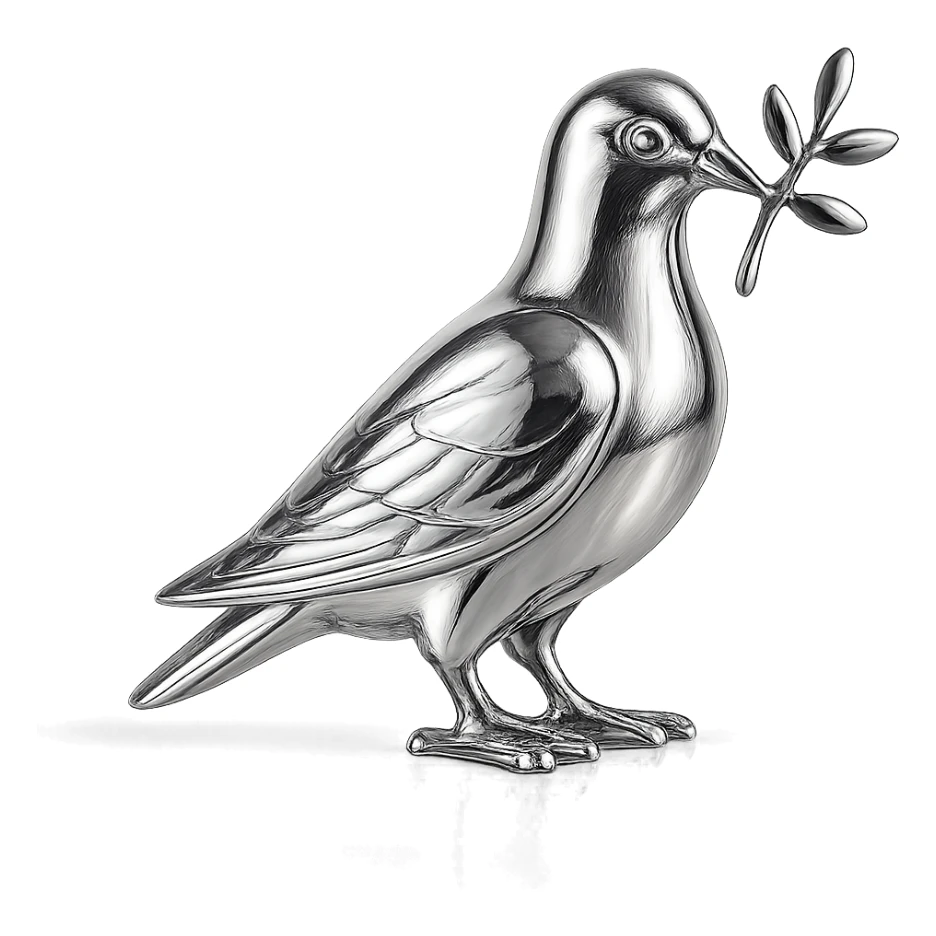 reflective chrome silhouette of a pigeon carrying a branch in its beak sticker