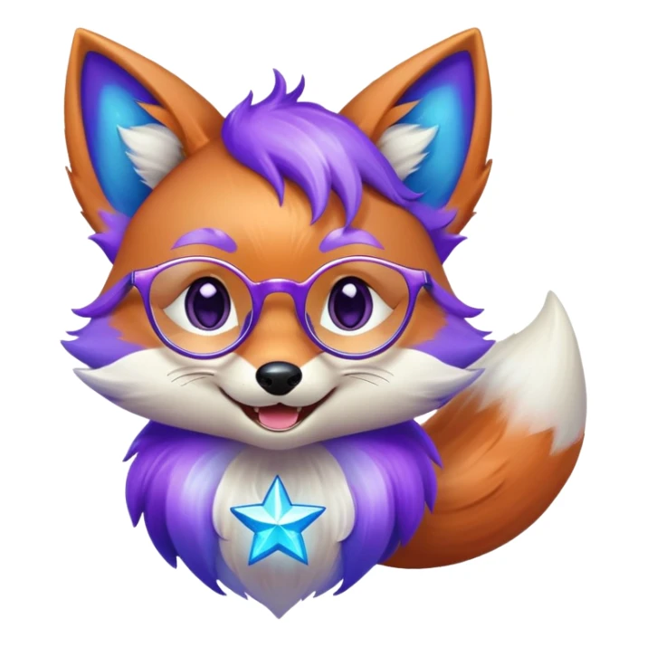 A magical fox with shimmering purple and blue fur, a glowing tail, a silver star on its forehead, and round glasses, laughing so hard that tears are streaming from its eyes sticker