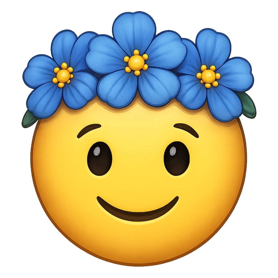 yellow face with blue flower crown emoji, digital illustration, remove background sticker