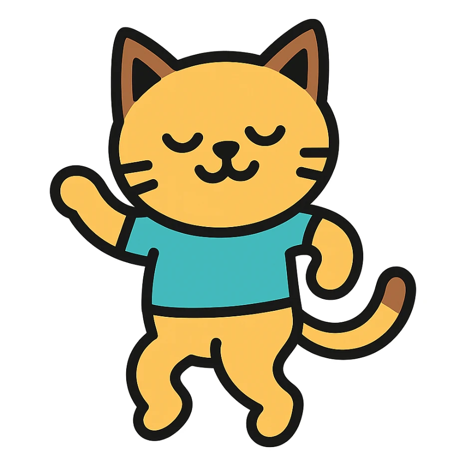 dancing cat, colorful icon, black outlines, modern style sticker
