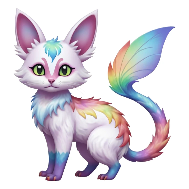 Pure-snow-White albino iridescent with pastel rainbow-gradients-color-markings with swirly patterns butterflies  faerie-Noivern-Noibat-Purloin-Torracat-Lykoi-Caracal-cat-Fakemon-fusion-hybrid-creature sticker