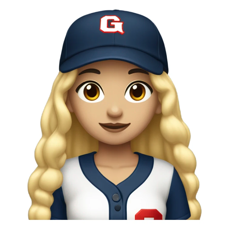 Black long hair girl wearing navy ballcap emblazoned with a red G initial and wearing baseball uniform sticker