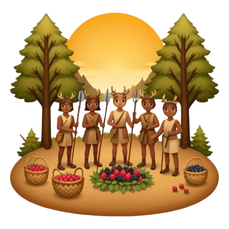 A simple, flat-style illustration of a small group of people with spears and baskets, gathering berries and hunting a deer, surrounded by trees and a sunset—emoji aesthetic, warm earth tones. sticker