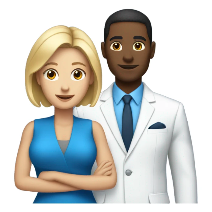 Black guy in a blue suit with a white blonde lady in a blue suit sticker