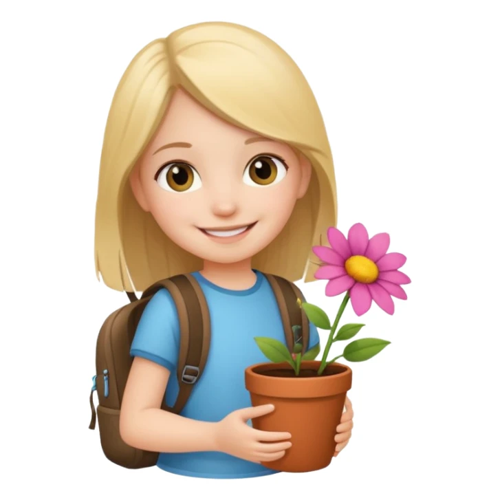 young girl wearing packpack, holding a flower pot sticker